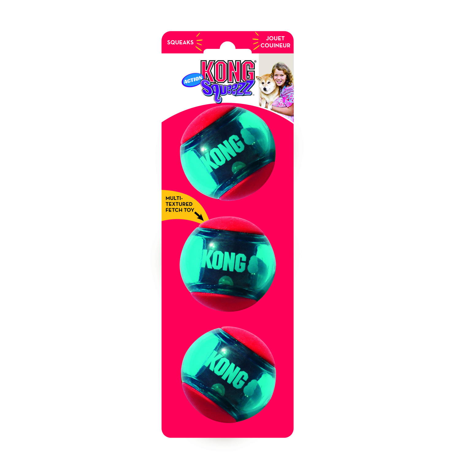 KONG SQUEEZZ ACTION BALL  MEDIUM RED 3 PACK