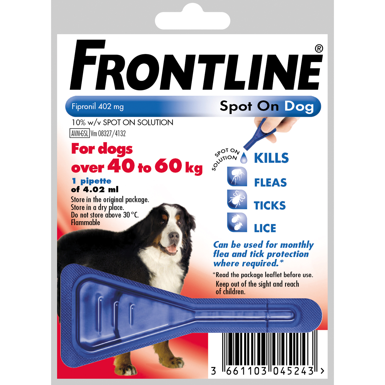 FRONTLINE SPOT ON FOR EXTRA LARGE DOGS 40-60KG  1 PIPETTE 40 - 60 KG X 1 PIPETTE